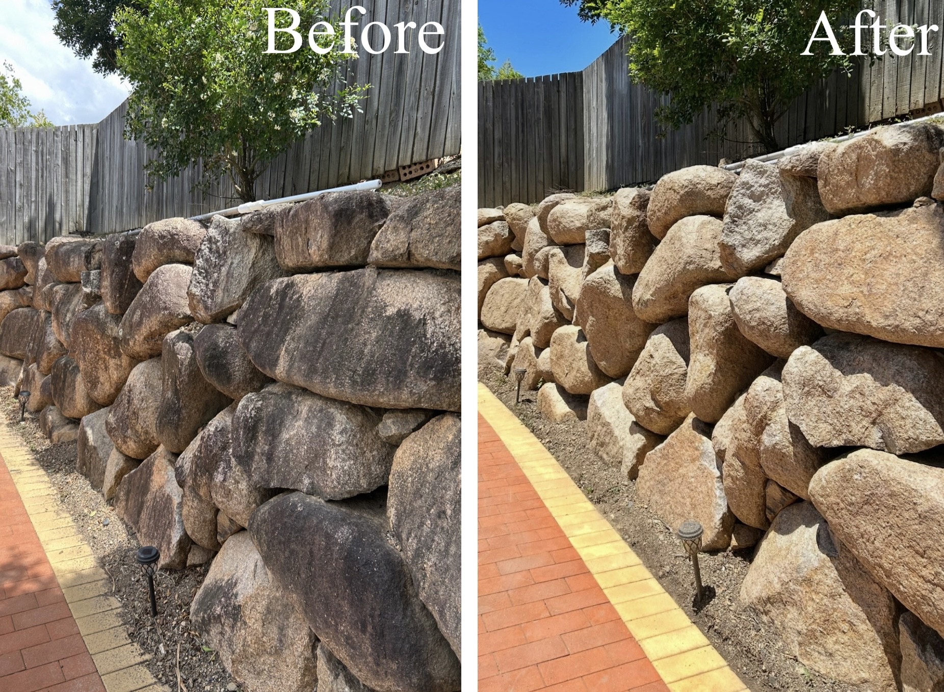 Before and after rock wall cleaning